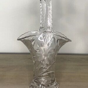 Vintage Boho Pressed Glass Floral Etched Basket with Handle